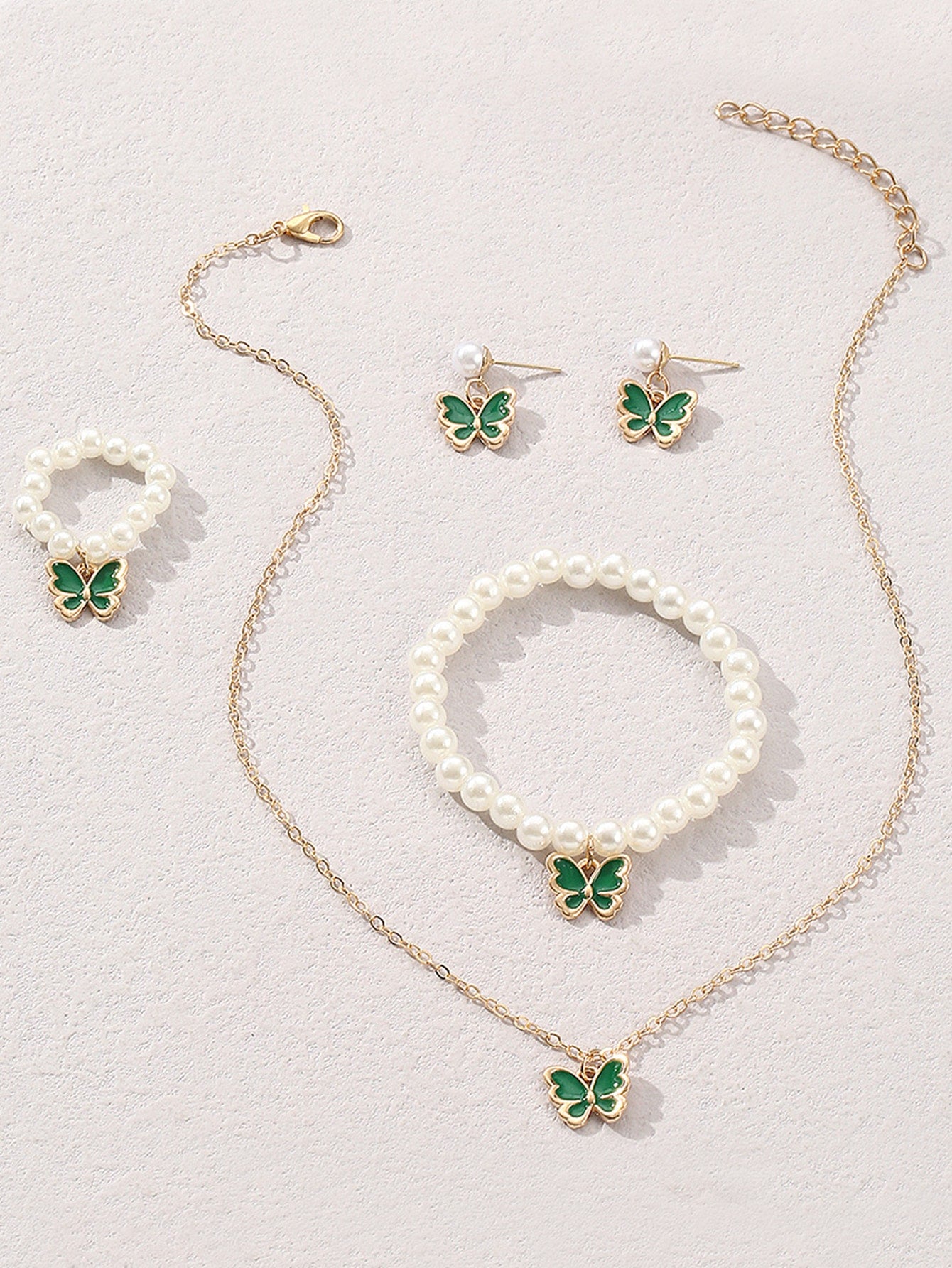 5pcs Children's Jewelry Set Including Alloy Butterfly Pendant, Pearl Bracelet, Ring, Earrings And Collarbone Chain