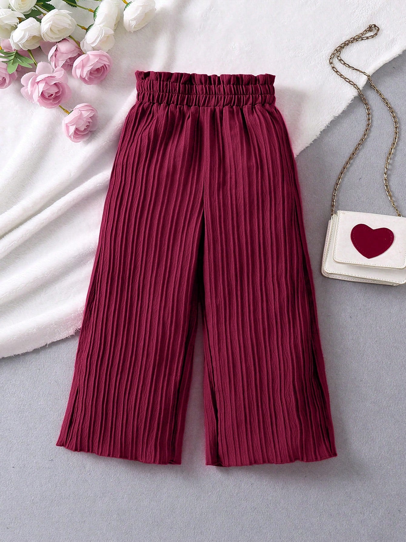 Young Girl Solid Color Elastic High Waisted Wide Leg Pants With Textured Finish