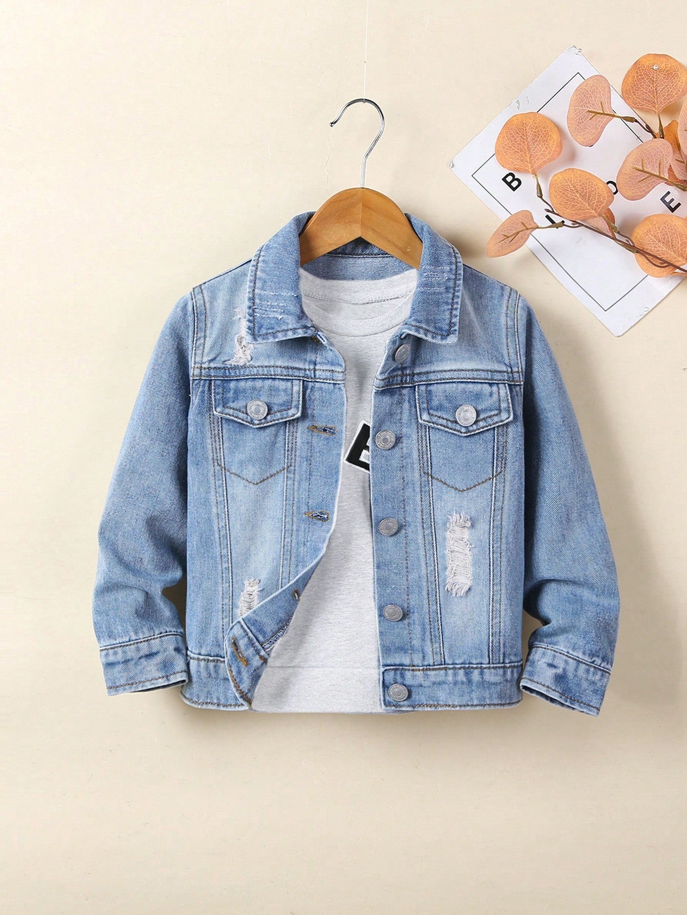 Young Boy Bleach Wash Ripped Denim Jacket Without Tee