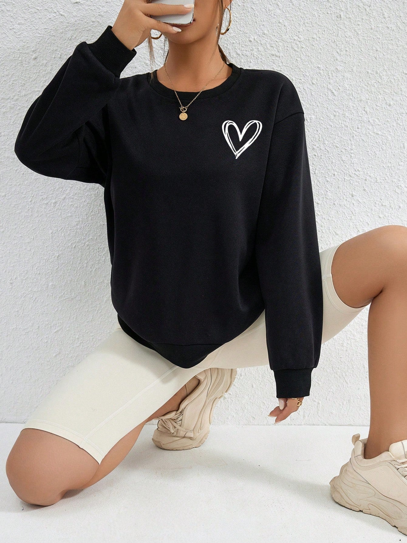 Heart Print Drop Shoulder Sweatshirt