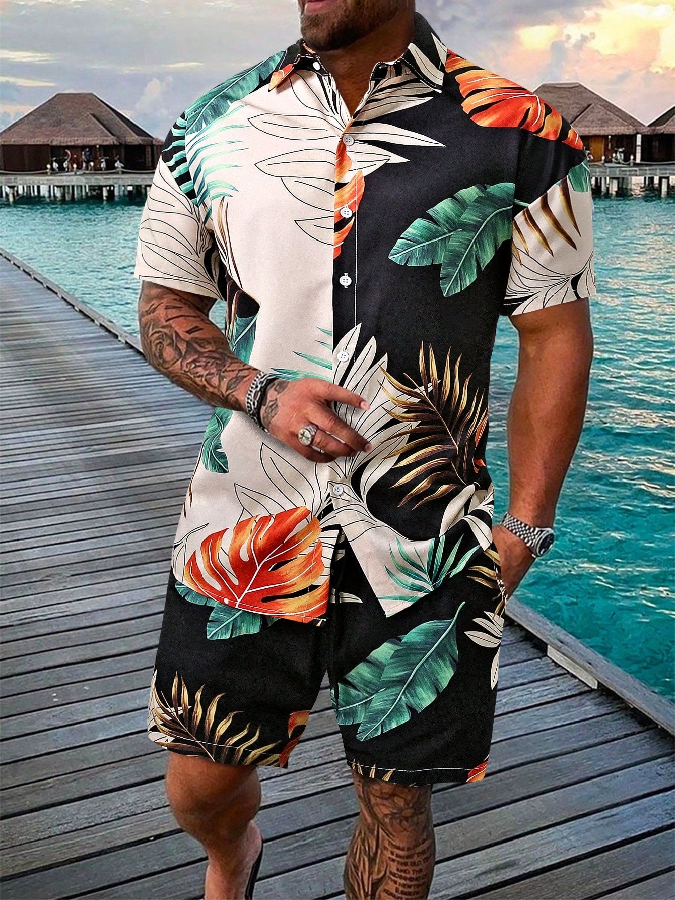 Men Random Tropical Print Shirt & Drawstring Waist Shorts Without Tee