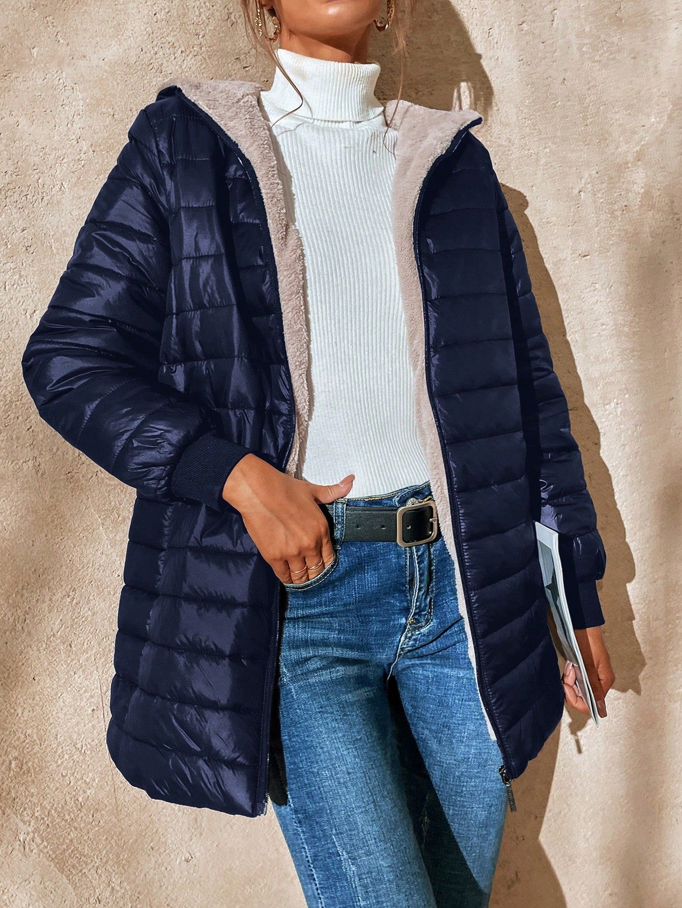 Zip Up Teddy Lined Hooded Padded Coat