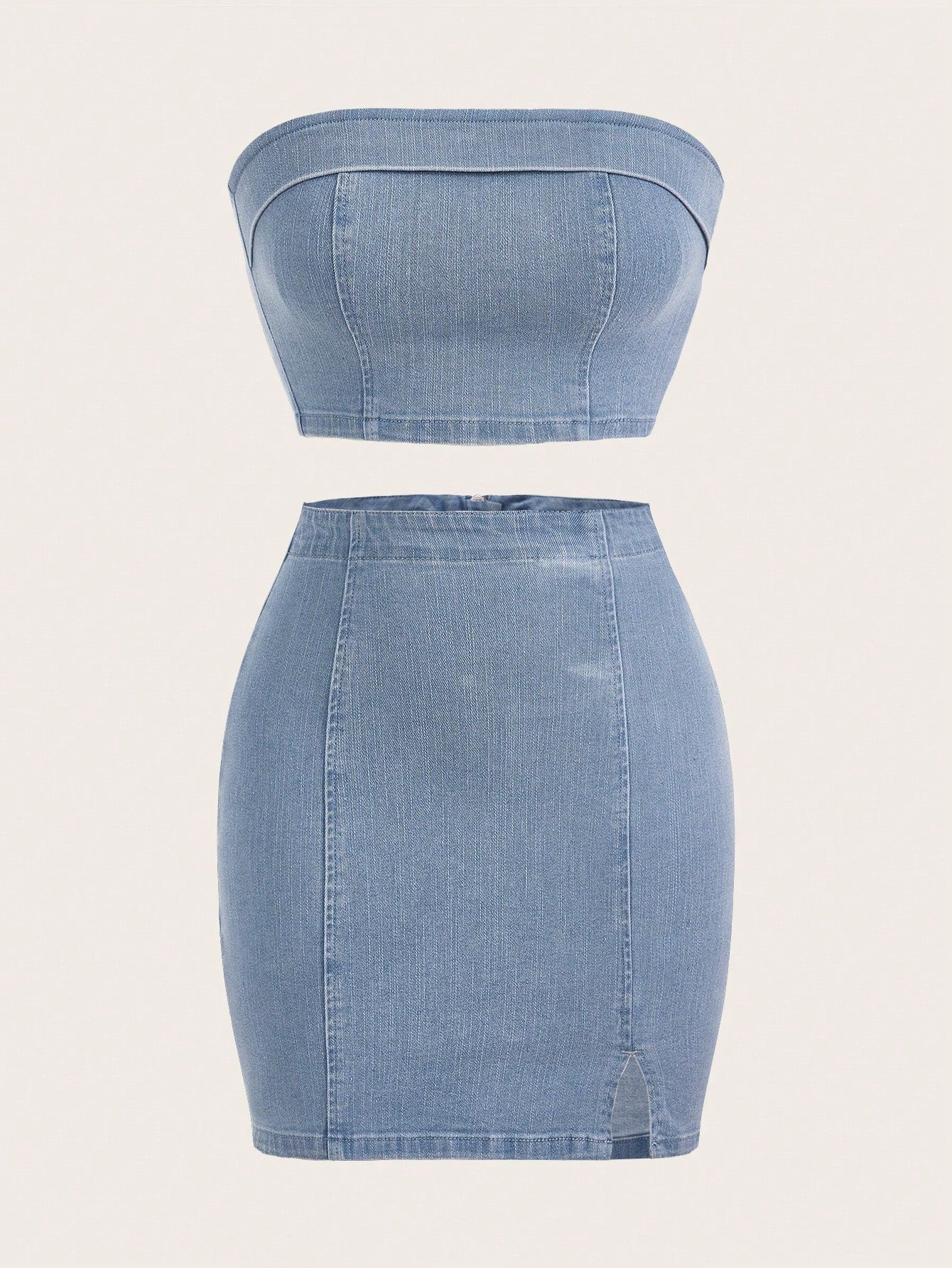 Solid Denim Tube Top & Split Hem Denim Skirt