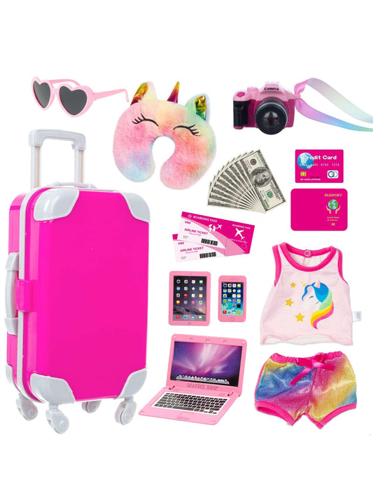 23 Pcs 18 inch Doll Clothes and Accessories - Suitcase Luggage , Pillow, Sunglasses, Camera, Passport, Mobile Phone , Computer Doll Travel Gear Play Set Fit 18 inch Girl Doll (No Doll)