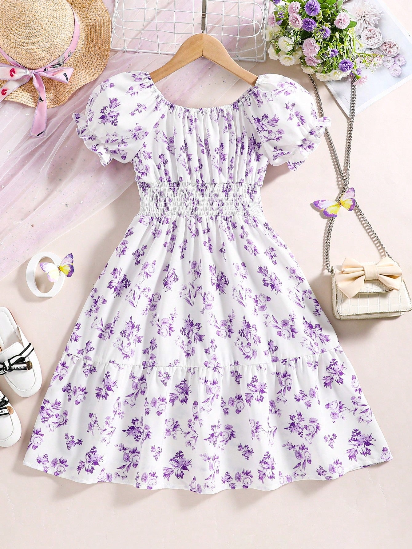 Tween Girl Floral Print Puff Sleeve Ruffle Hem Dress