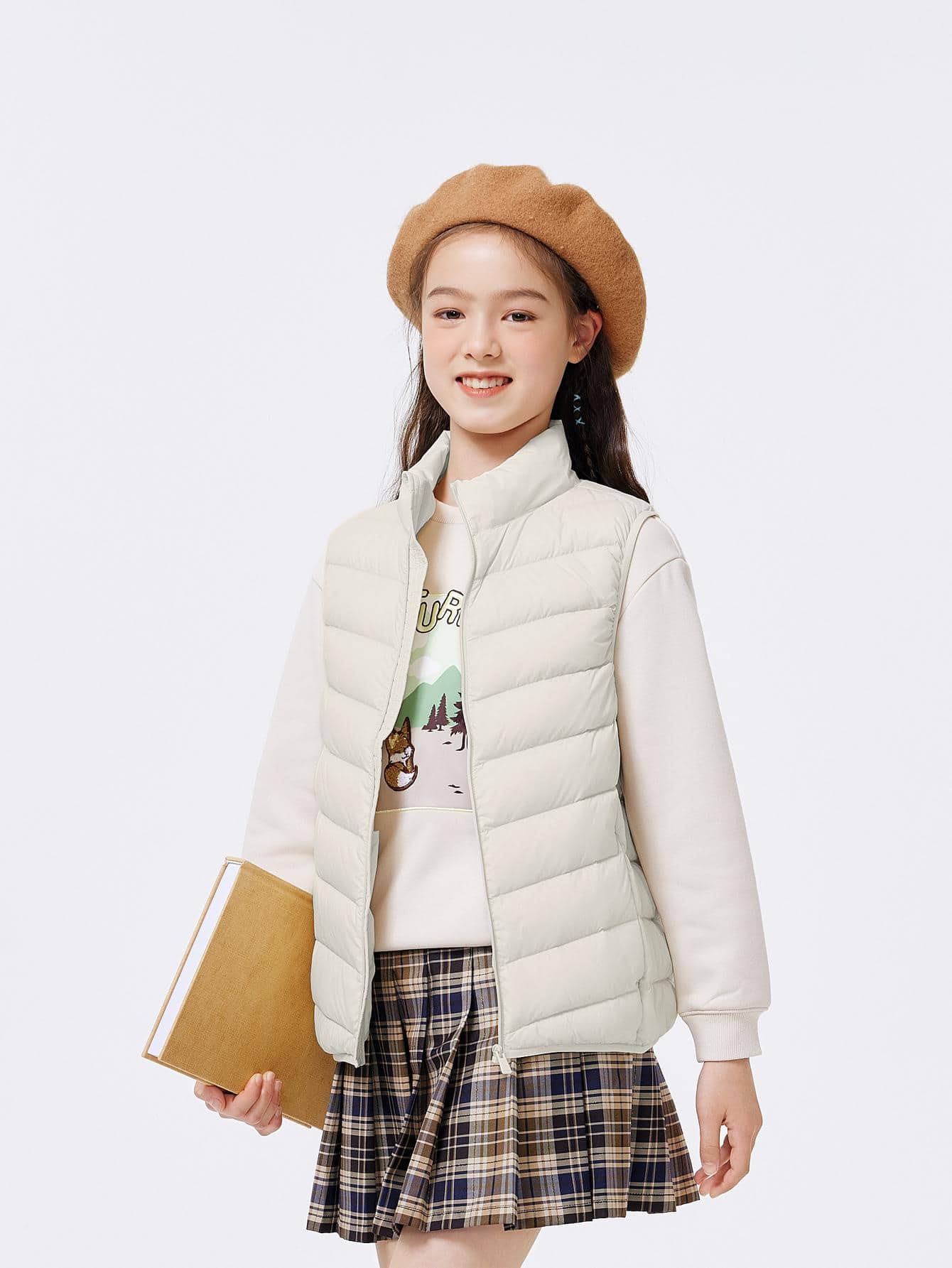 Tween Girl Winter Solid Color Stand Collar Zip Down Vest Jacket Lightweight Warm Vest Sleeveless Down Jacket White