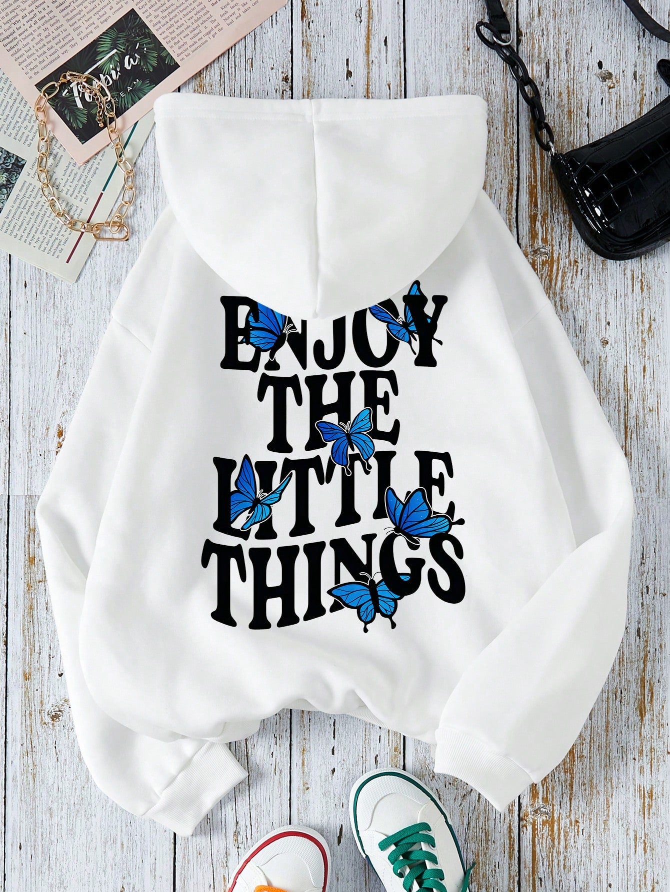 Slogan & Butterfly Print Kangaroo Pocket Drawstring Thermal Lined Hoodie ENJOY THE LITTLE THINGS