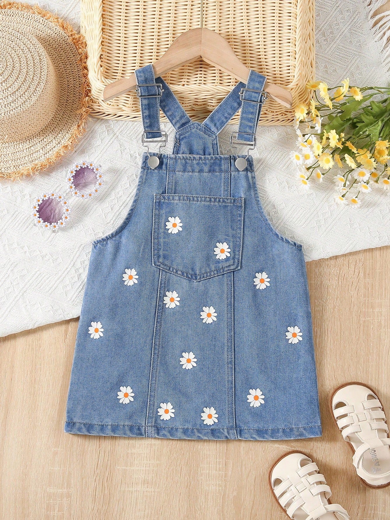 Young Girls Floral Print Pocket Front Denim Overall Dress For Summer