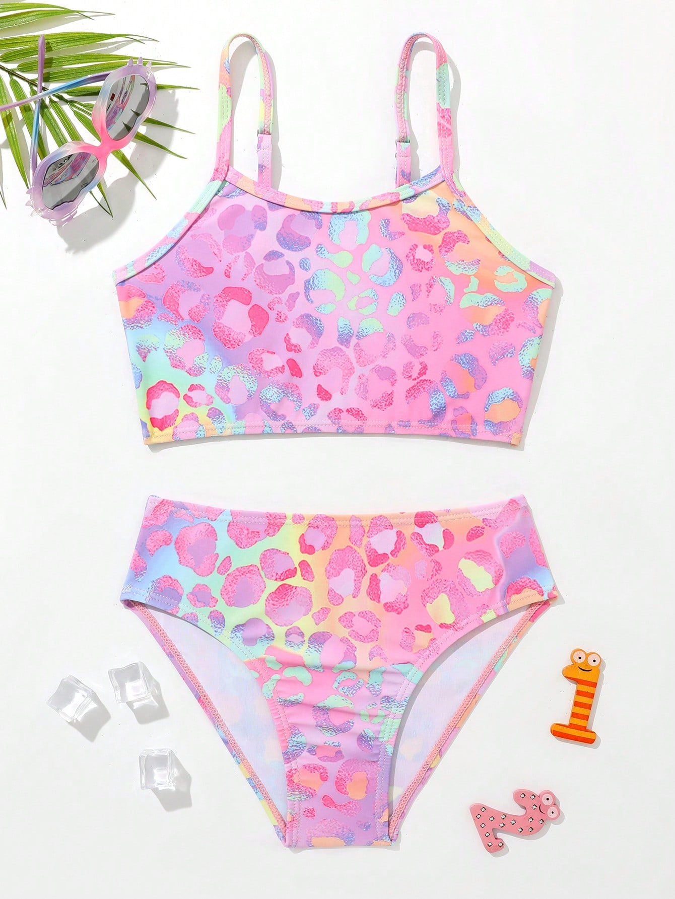 Summer Beach Young Girl Gradient Pink-Purple Multi-Colored Leopard Print Bikini Set