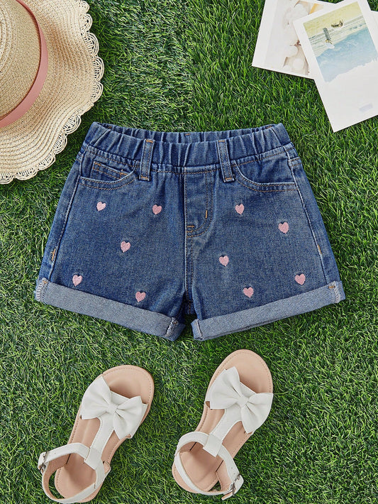 Young Girl Heart Embroidery Roll Up Hem Denim Shorts