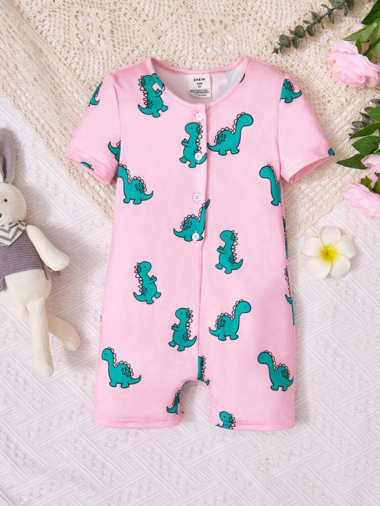 Young Girl Round Neck Knit Printed Half Button Short Sleeve Romper Pajamas