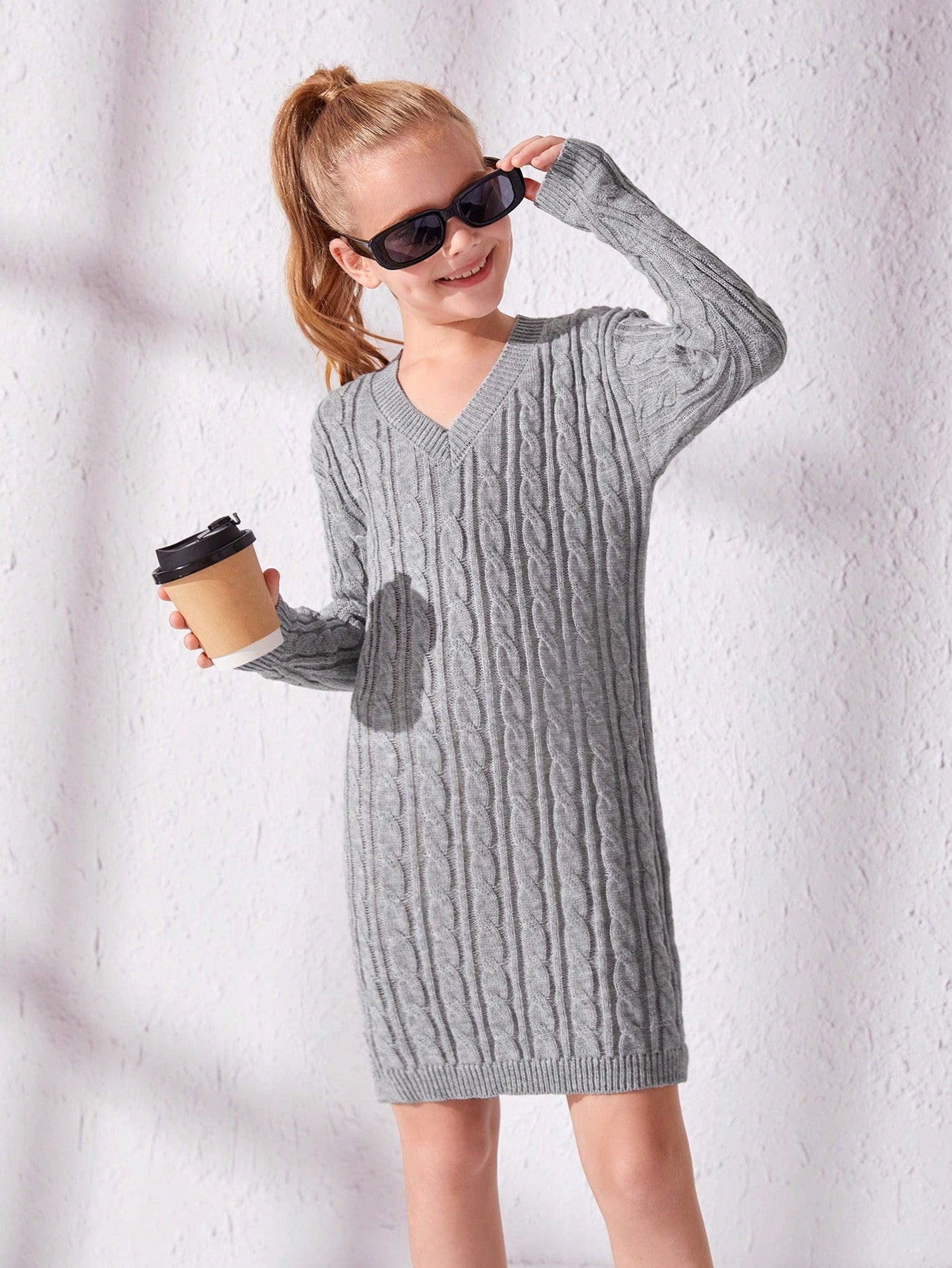 Tween Girl Cable Knit V Neck Sweater Dress