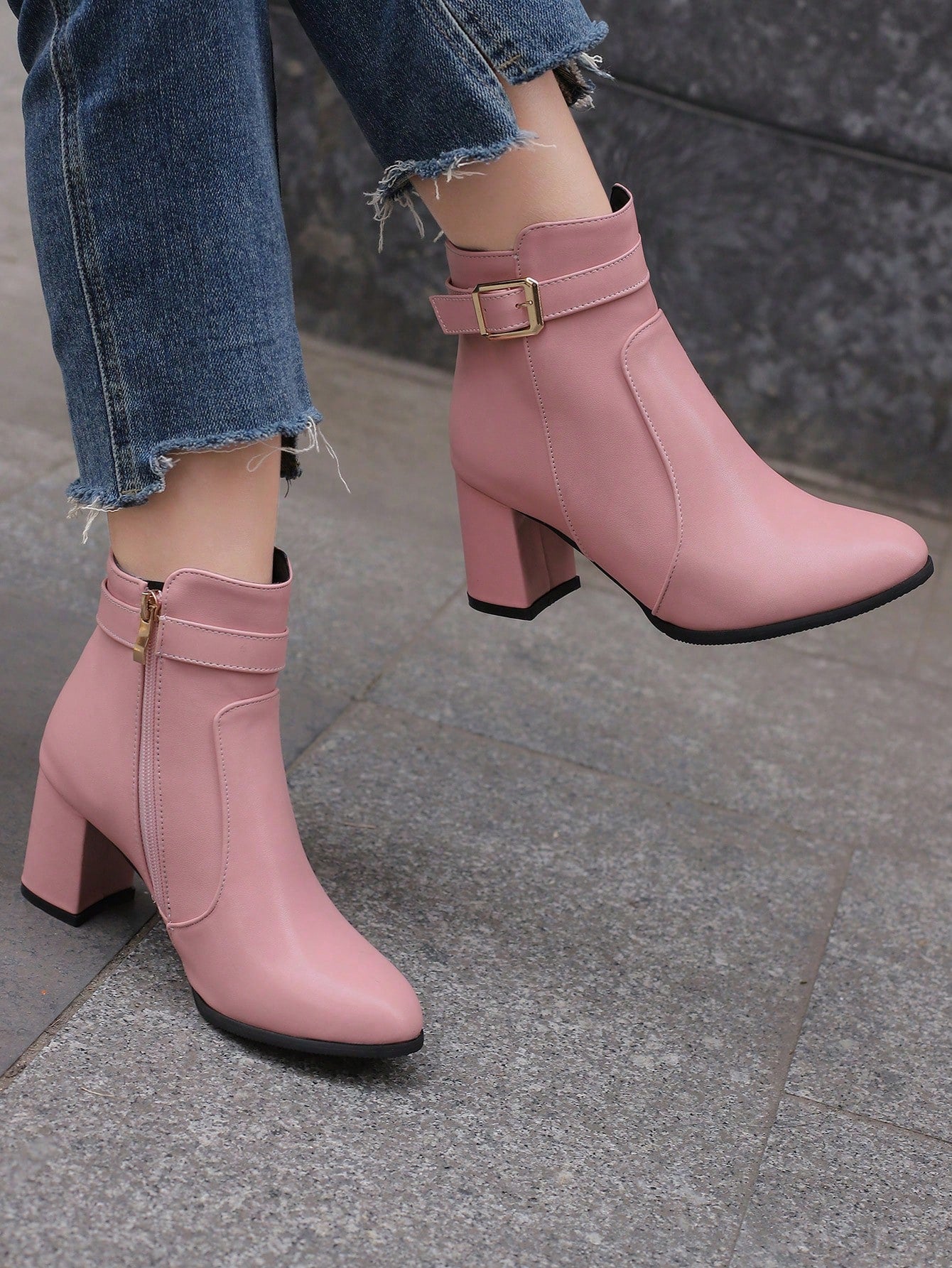 Pink Buckle Design Pu High Heel Women's Fashionable Short Boots For Autumn/winter