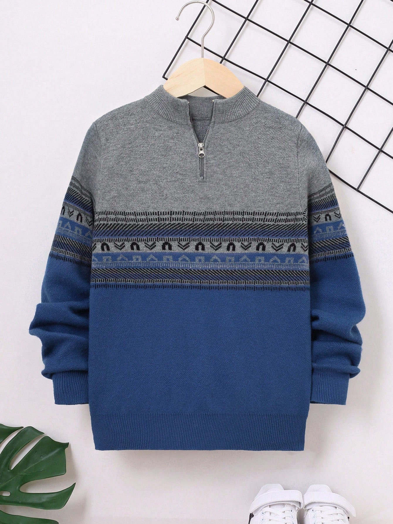 Tween Boy Geo Pattern Colorblock Quarter Zip Sweater