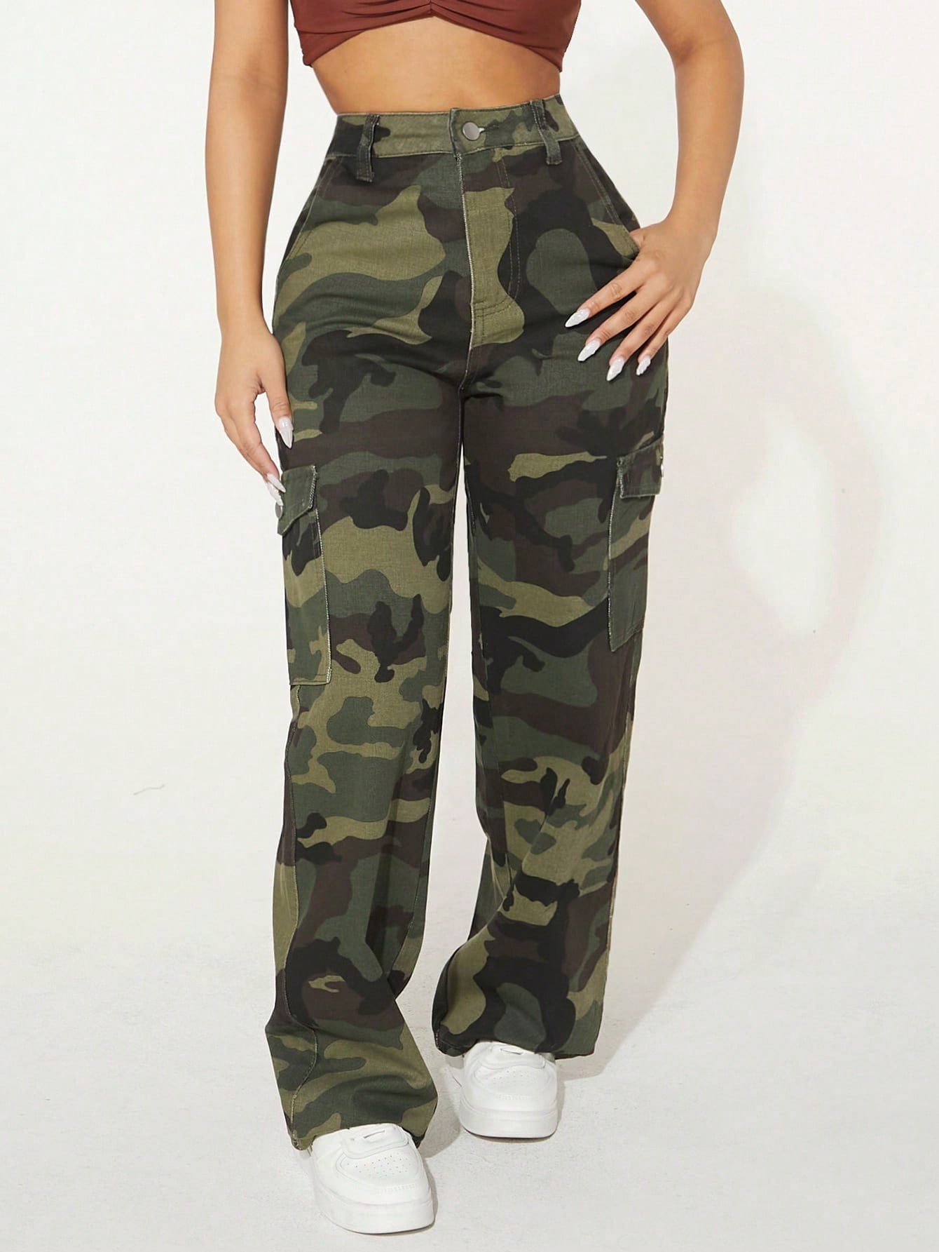 Camo Print Flap Pocket Cargo Jeans