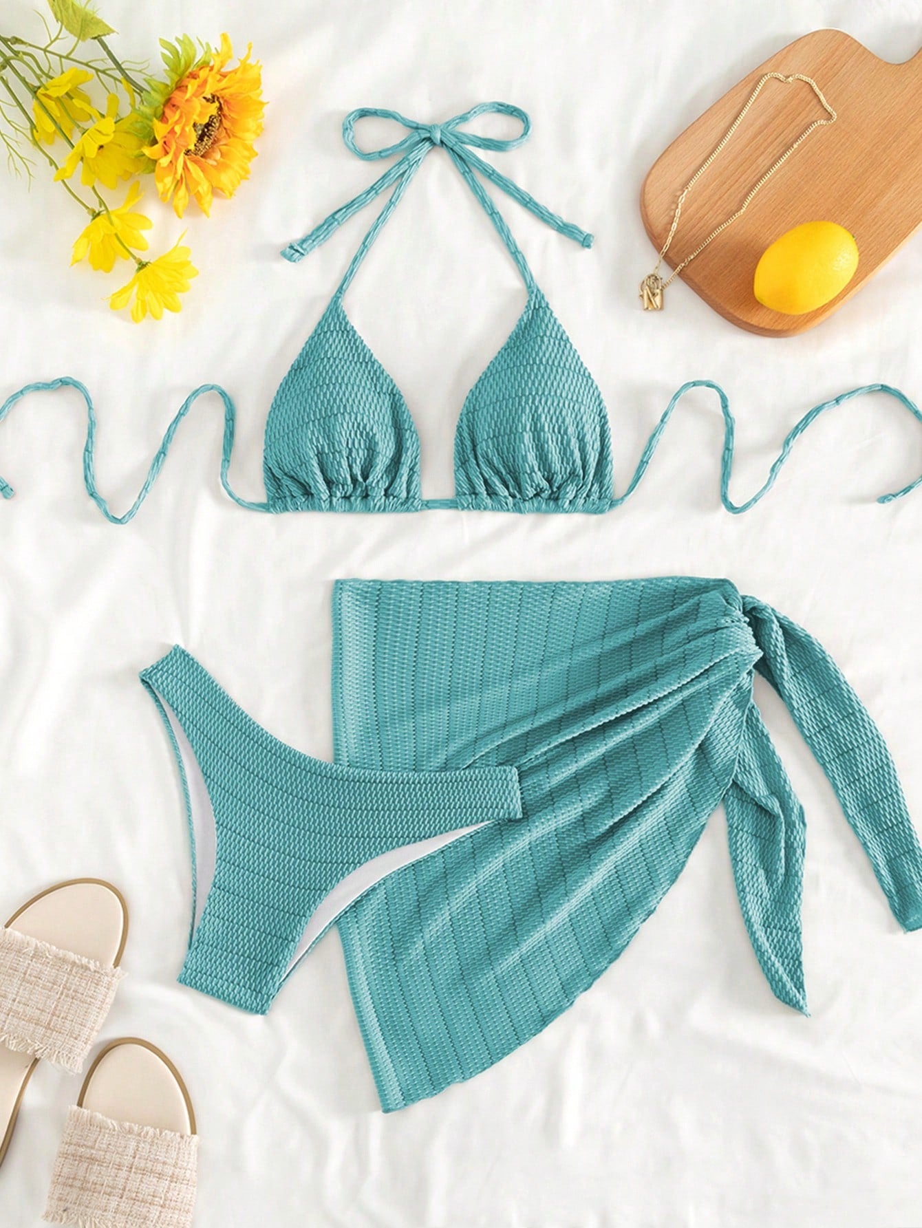 Swim Mod Summer Beach Plain Halter Triangle Bikini Set With Beach Skirt