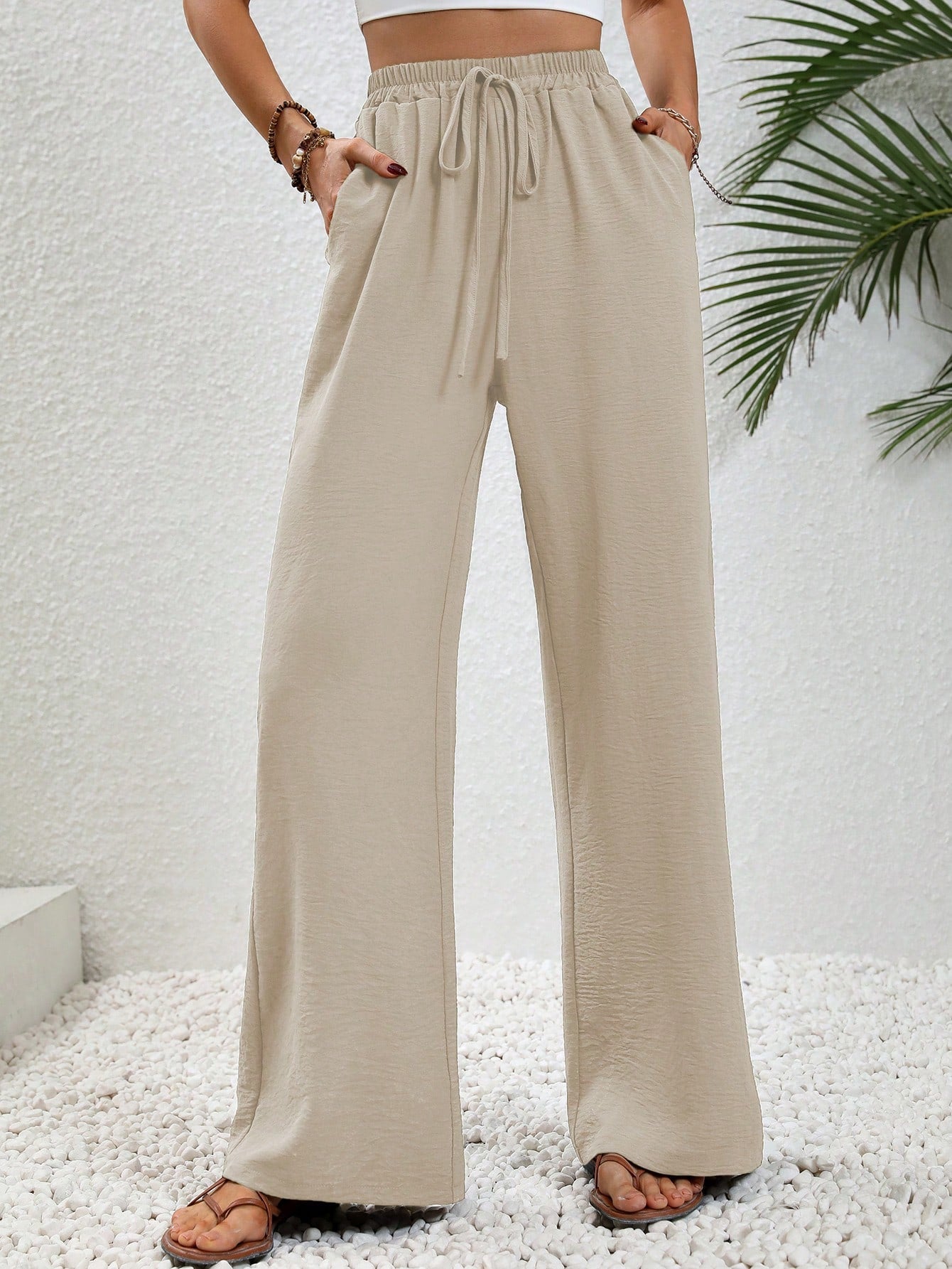 Drawstring Waist Wide Leg Pants