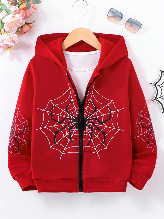 Tween Girl Spider Web Print Zip Up Hoodie Without Tee