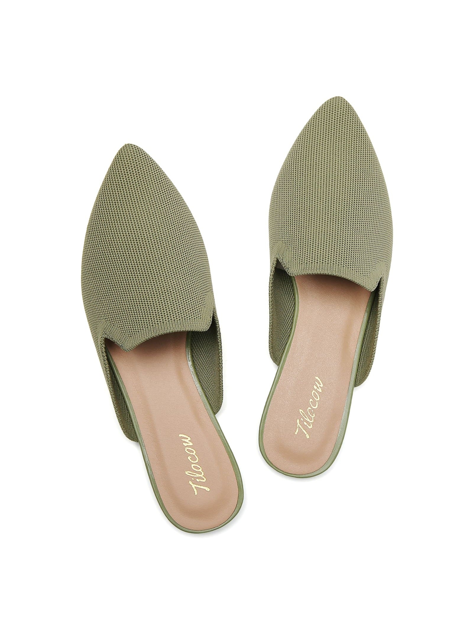 Tilocow Knit Detail Solid Point Toe Flat Mules Shoes