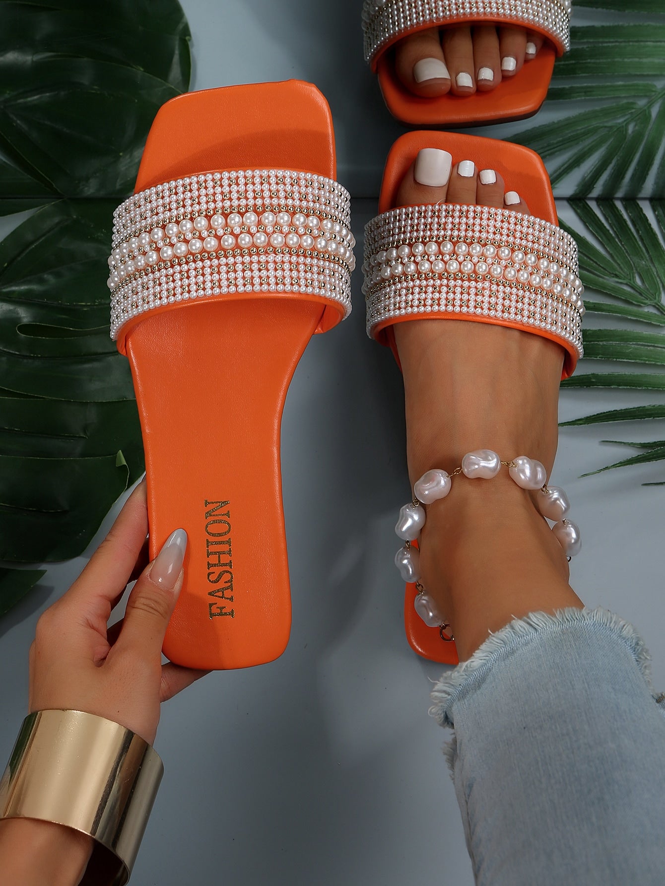 Women's Plus Size Flat Beaded One Word Slippers With Square Toe, Lightweight & Comfortable Beach Flip Flops