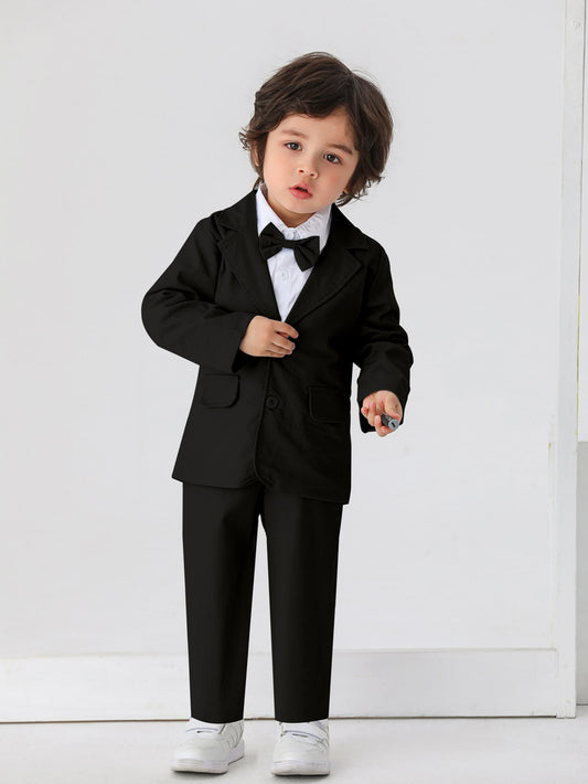 Young Boys' 2Pcs Gentleman Suit Set Includes Blazer With Bow Tie And Pants, Ideal For Birthday Party, Evening Event, Wedding, First Birthday, Festival