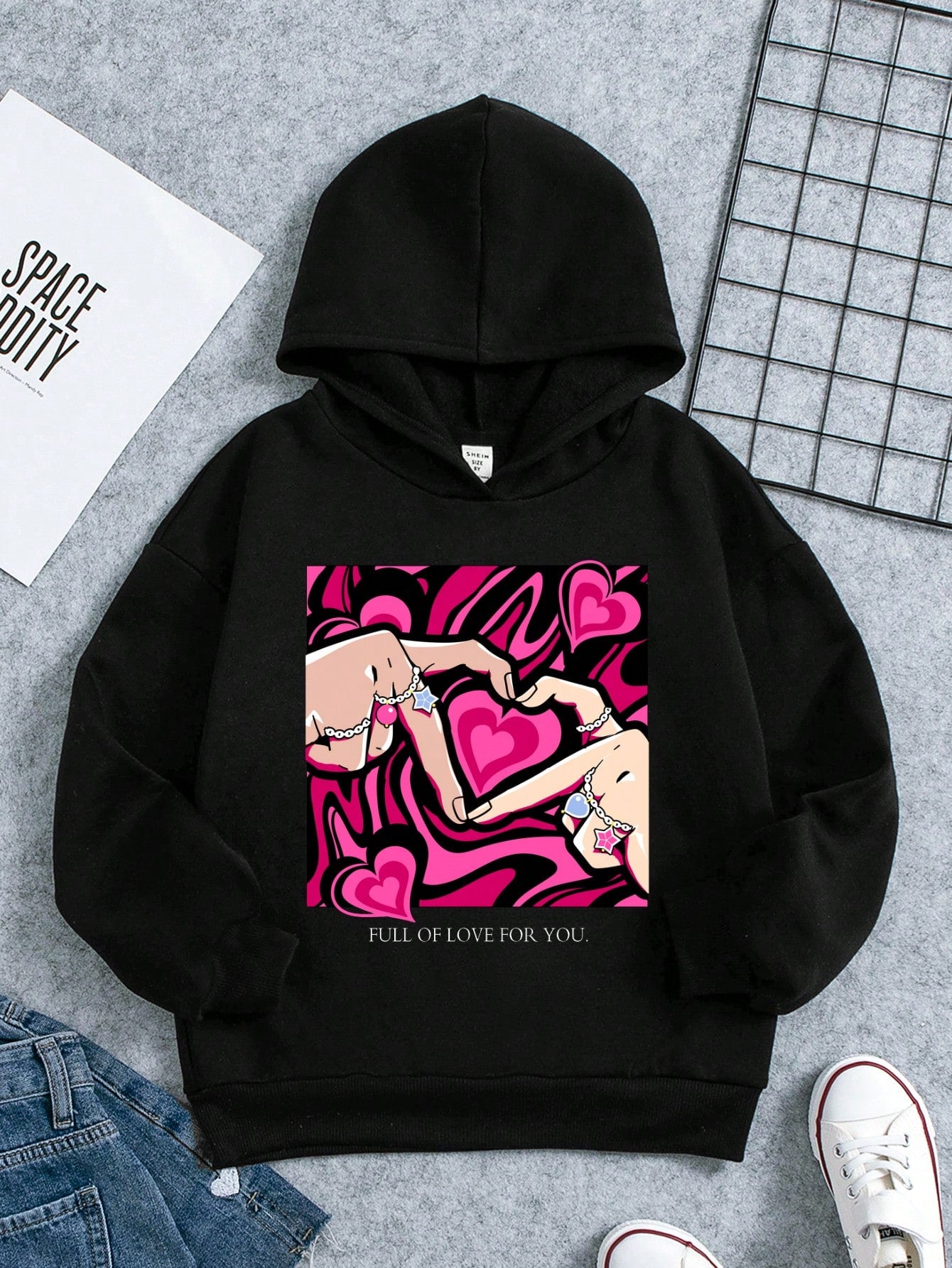 Teen Girl Heart & Slogan Graphic Hoodie