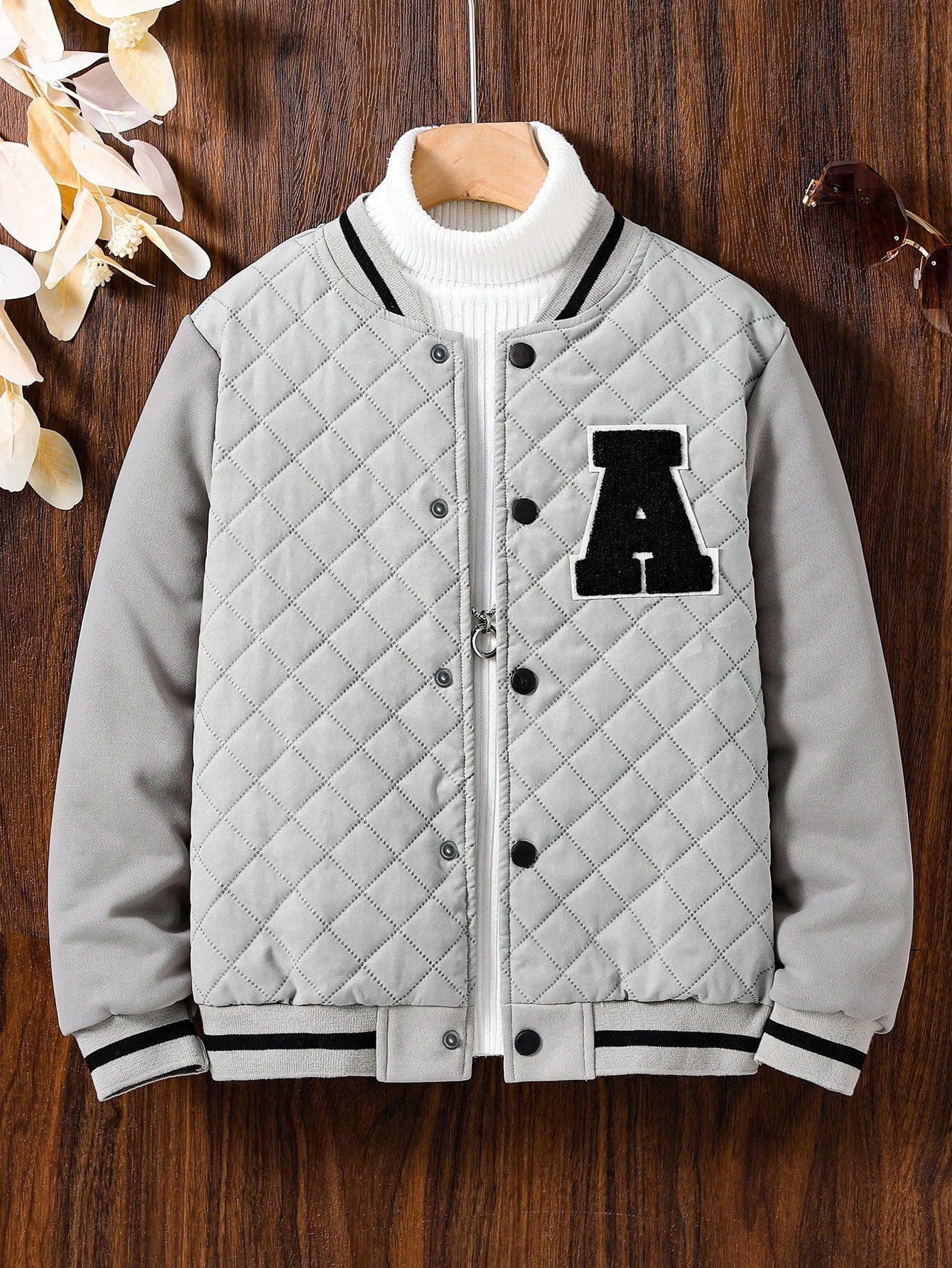 Tween Boy 1pc Letter Patched Striped Trim Quilted Varsity Jacket