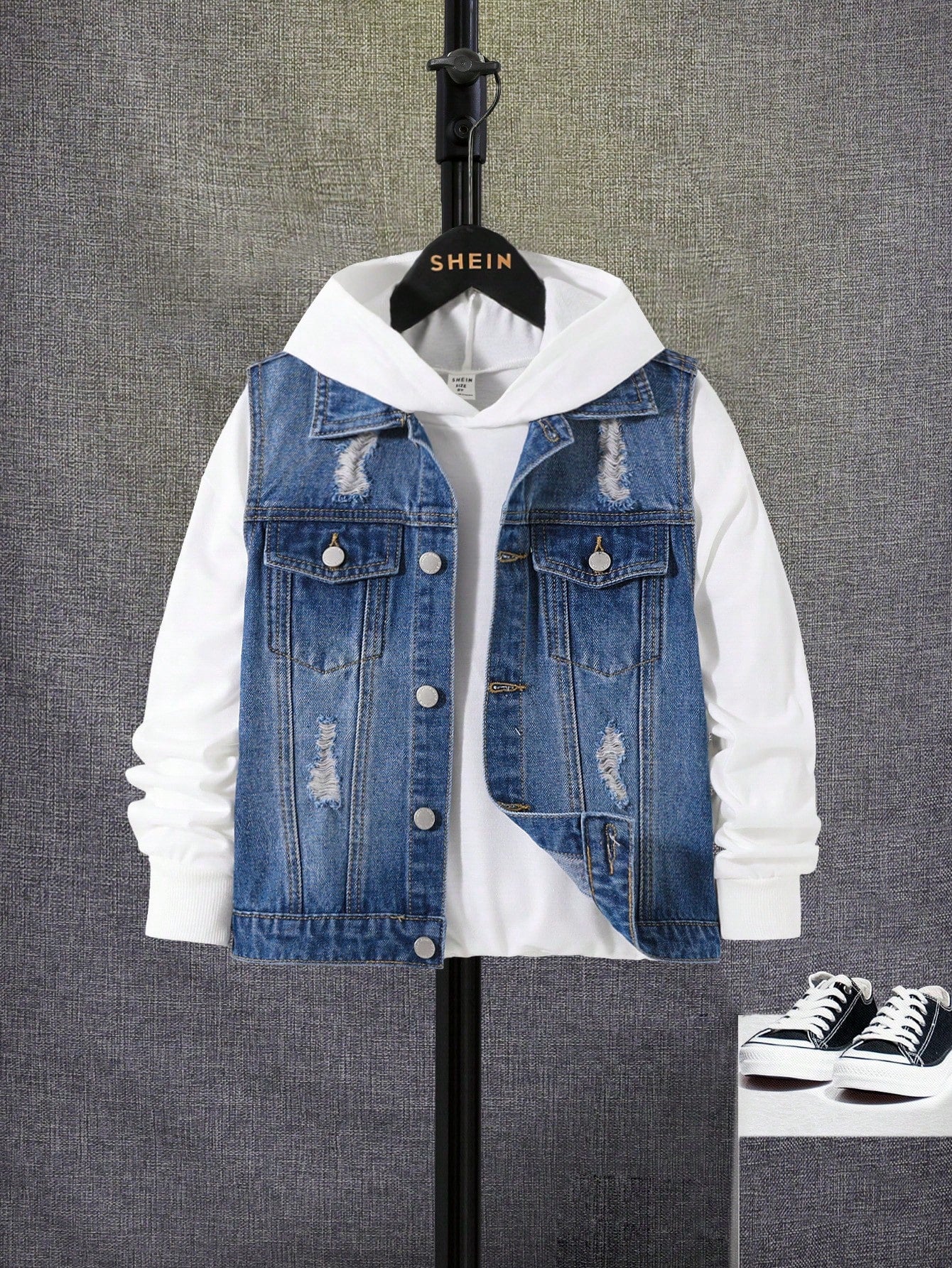 Tween Boy Ripped Flap Pocket Denim Vest Jacket Without Hoodie