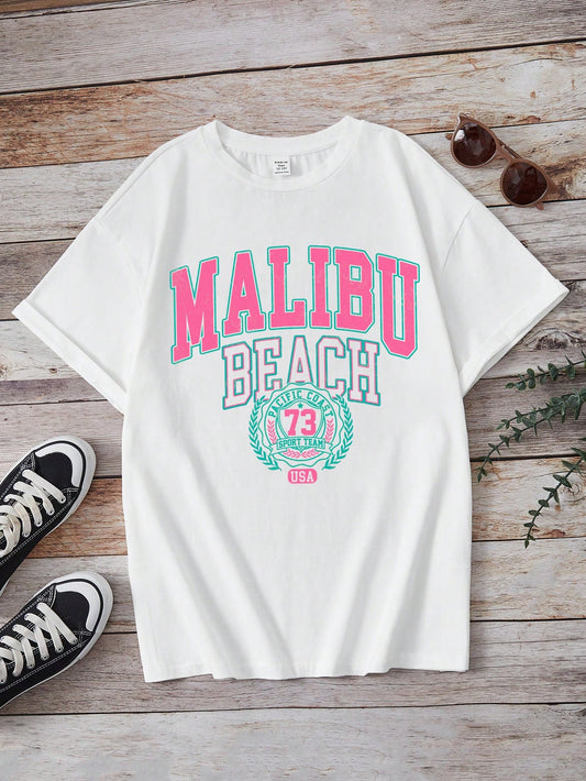 Teen Girl Letter Printed Short Sleeve T-Shirt, Suitable For Summer Casual Daily Wear