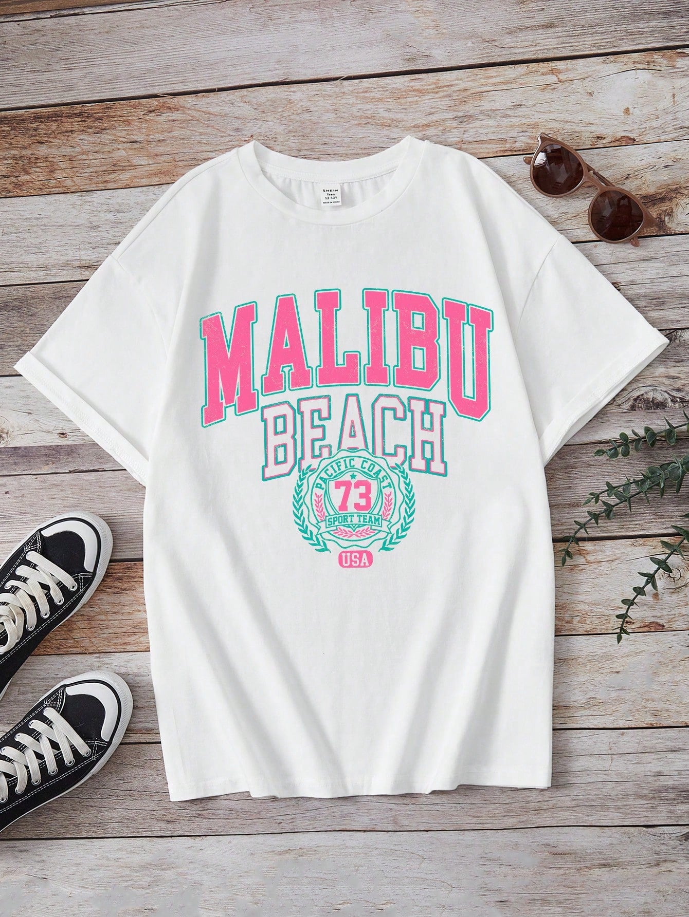 Solid Color Short Sleeve Round Neck Teenage Girls' T-Shirt With Letter Print