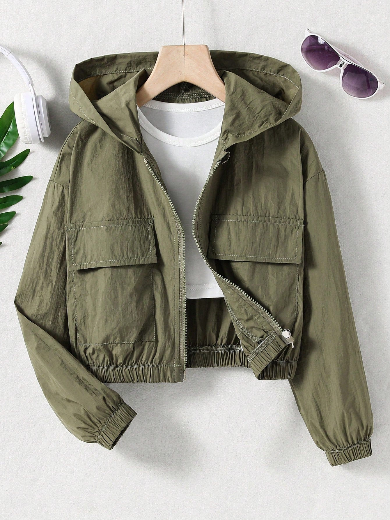 Tween Girl Flap Pocket Drop Shoulder Hooded Jacket