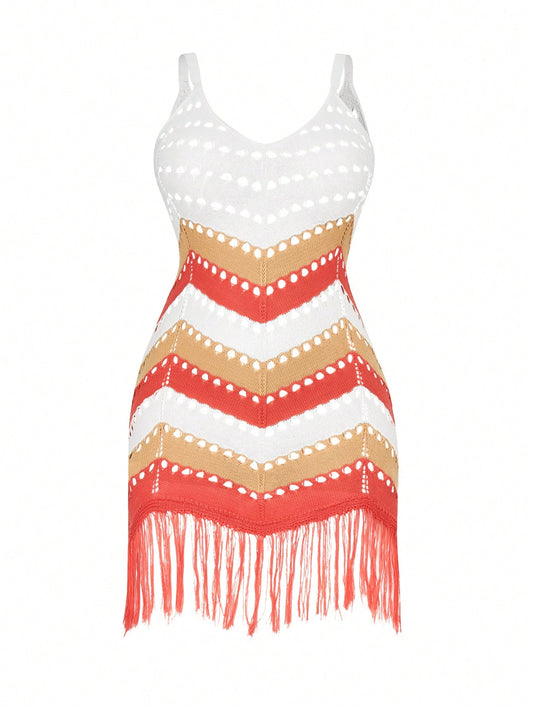 Plus Chevron Pattern Fringe Hem Sweater Dress