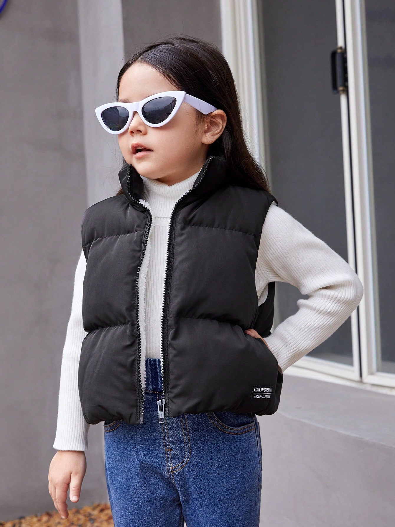 Young Girl 1pc Letter Patched Slant Pockets Sleeveless Puffer Winter Coat