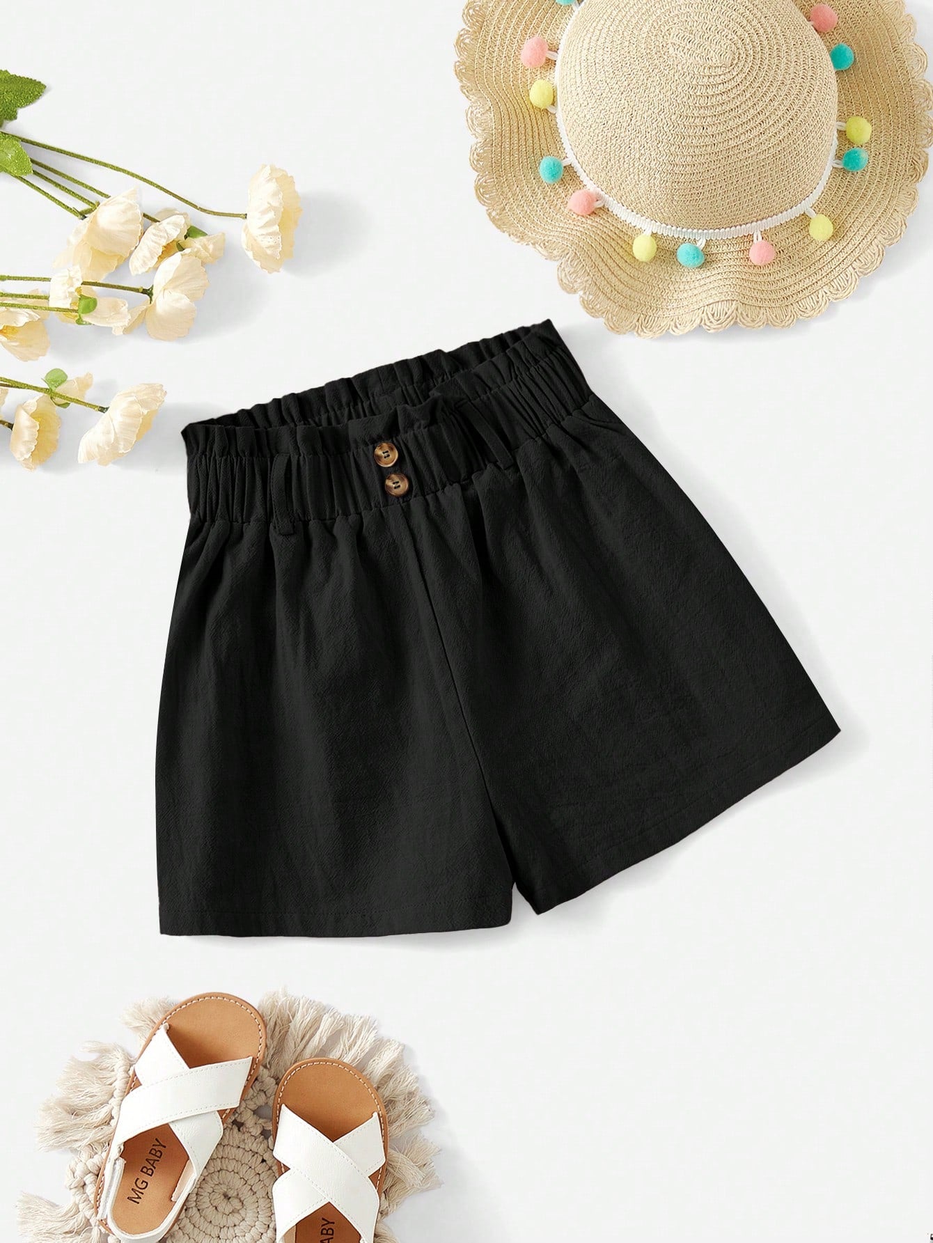 Tween Girl Solid Color Casual Shorts With Paper Bag Waist And Button Detail