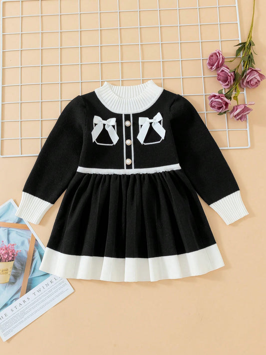 Young Girl Bow Front Contrast Trim Button Detail Sweater Dress