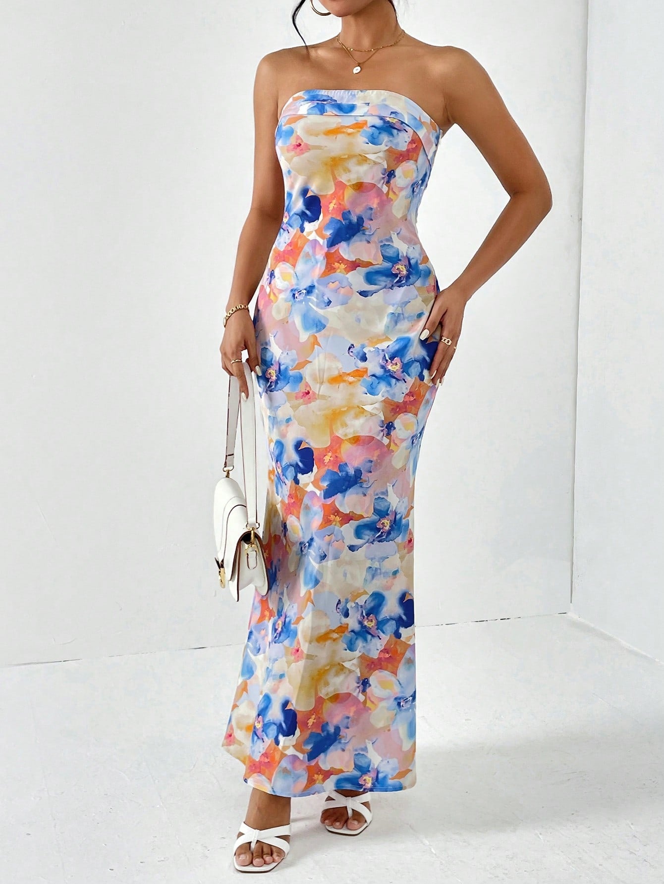 Spring Break Floral Print Draped Backless Tube Long Summer Dress