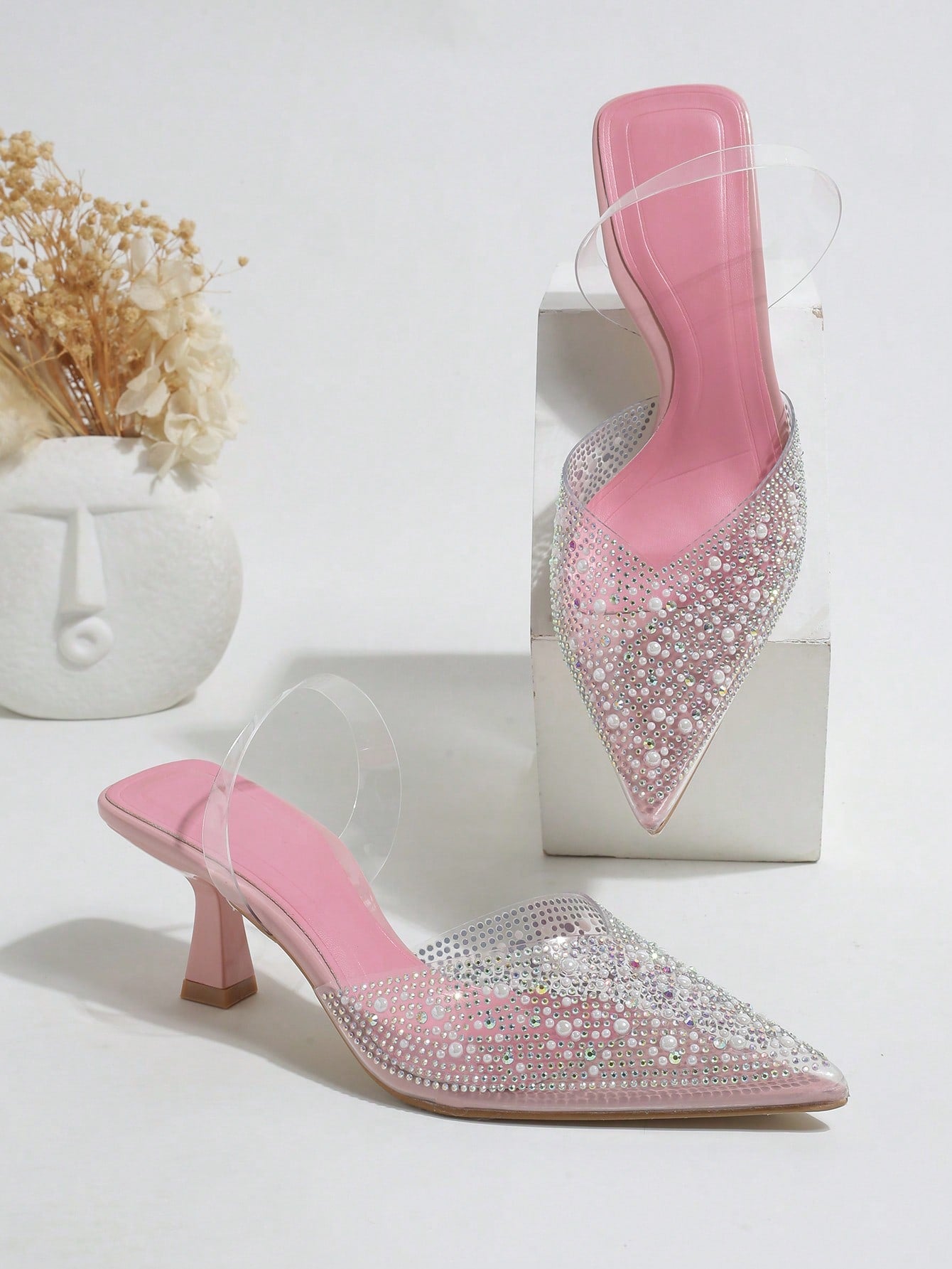Charming Women's Fashionable Silver High Heels, Pvc Rhinestone Decor Pointed Toe Sandals With Heels