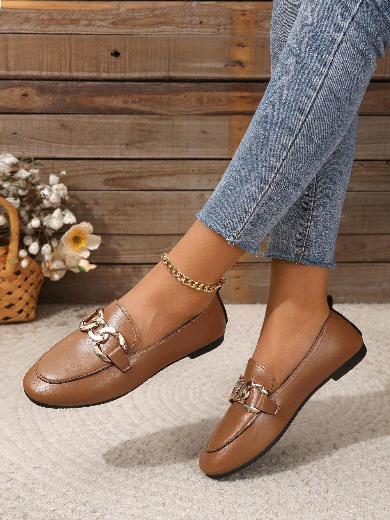 Women Chain Decor Square Toe Flats, Fashionable Brown Loafer Flats For Outdoor