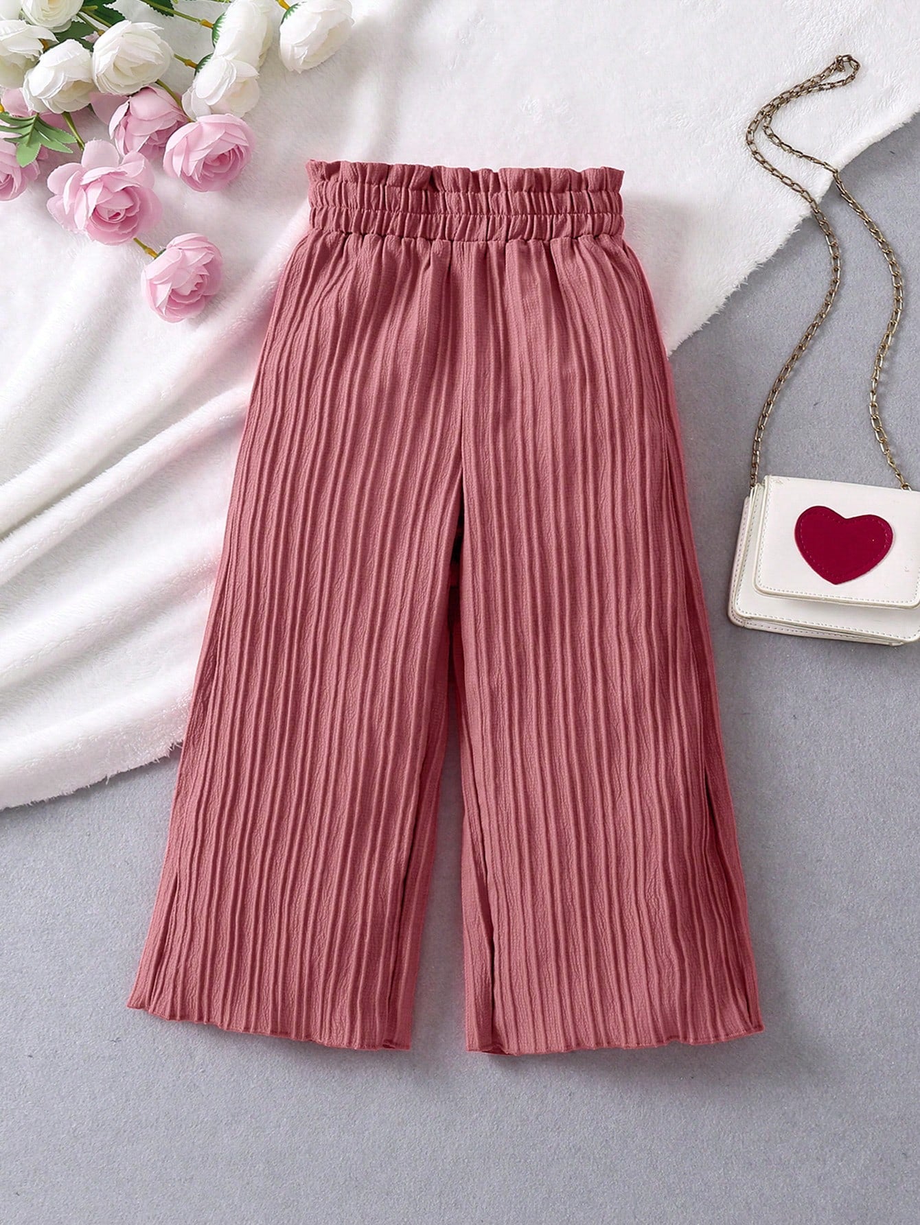 Young Girl Solid Color Elastic High Waisted Wide Leg Pants With Textured Finish