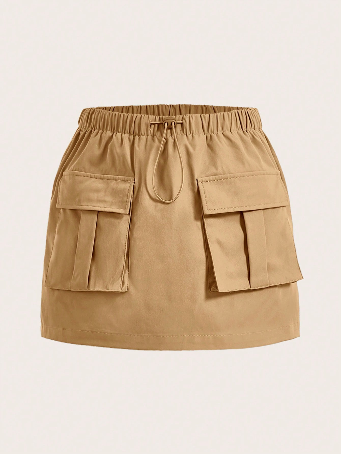 Solid Color Drawstring Waist A-Line Work Skirt With Flap Pockets