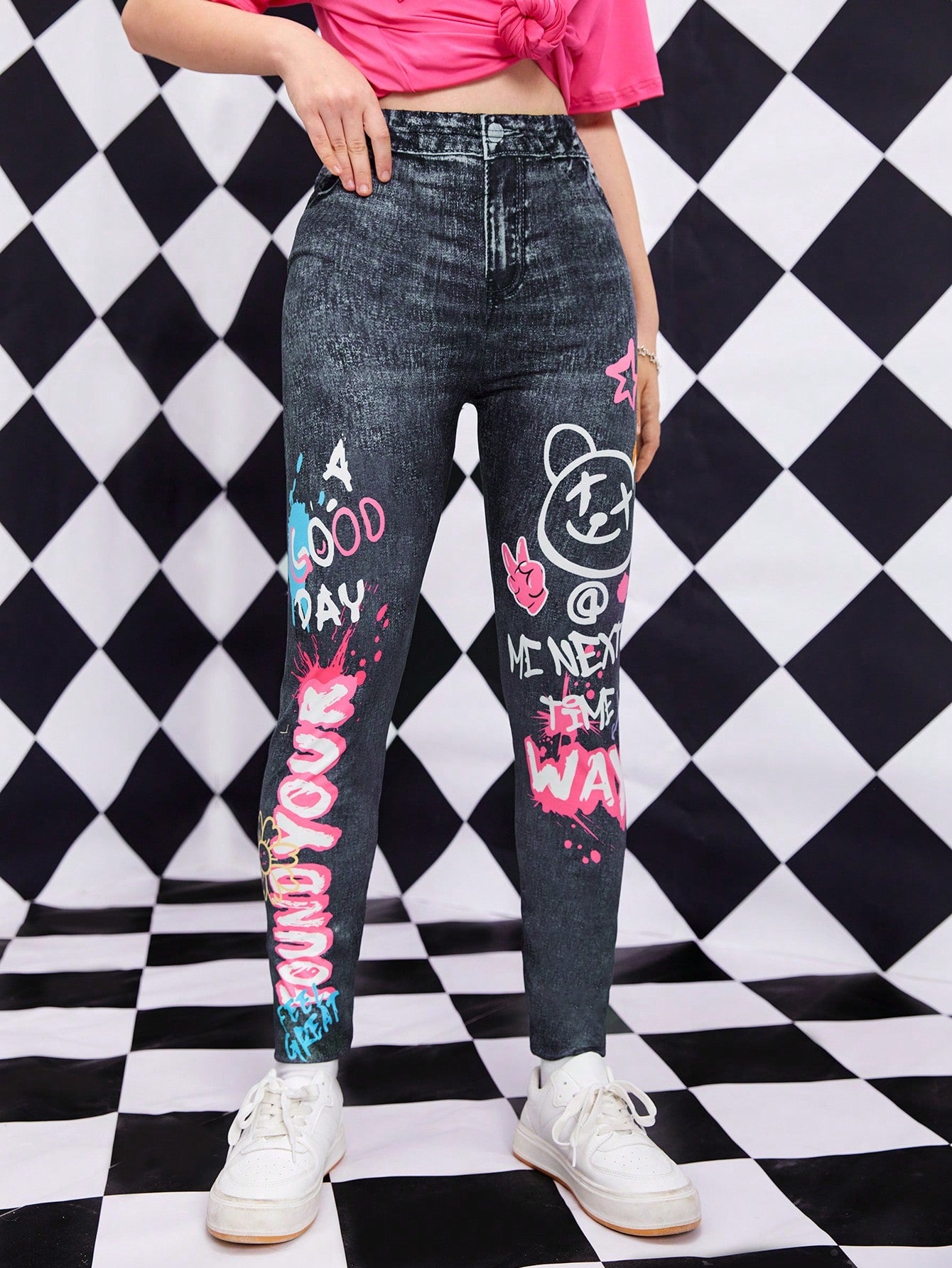 Teen Girl Cartoon & Letter Graphic Denim-Effect Leggings