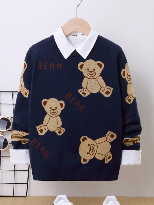 Tween Boy Bear & Letter Pattern Sweater Without Shirt