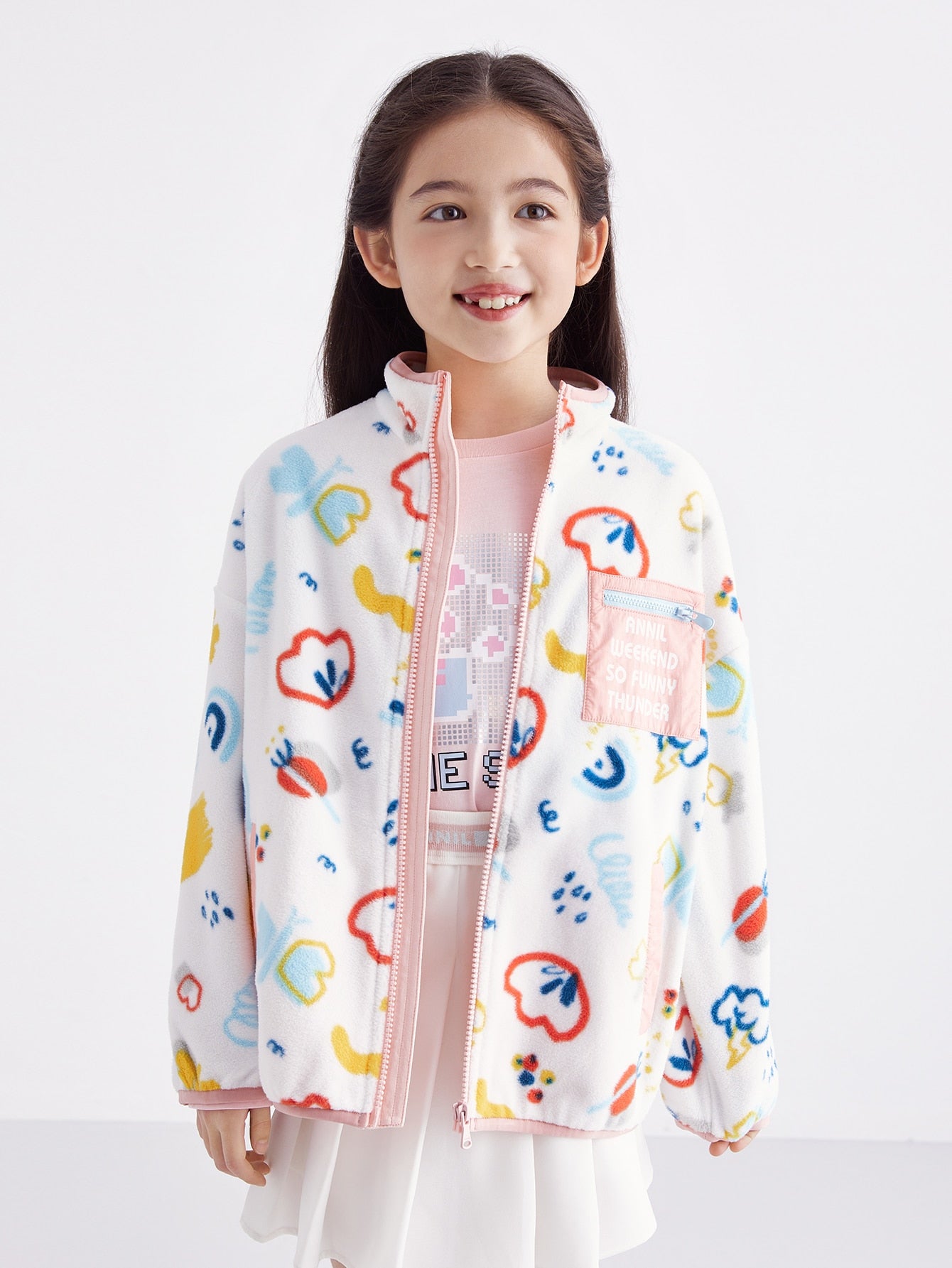 Tween Girl Autumn And Winter Vibrant Flower Printed Stand Collar Polar Fleece Warm Jacket Blue