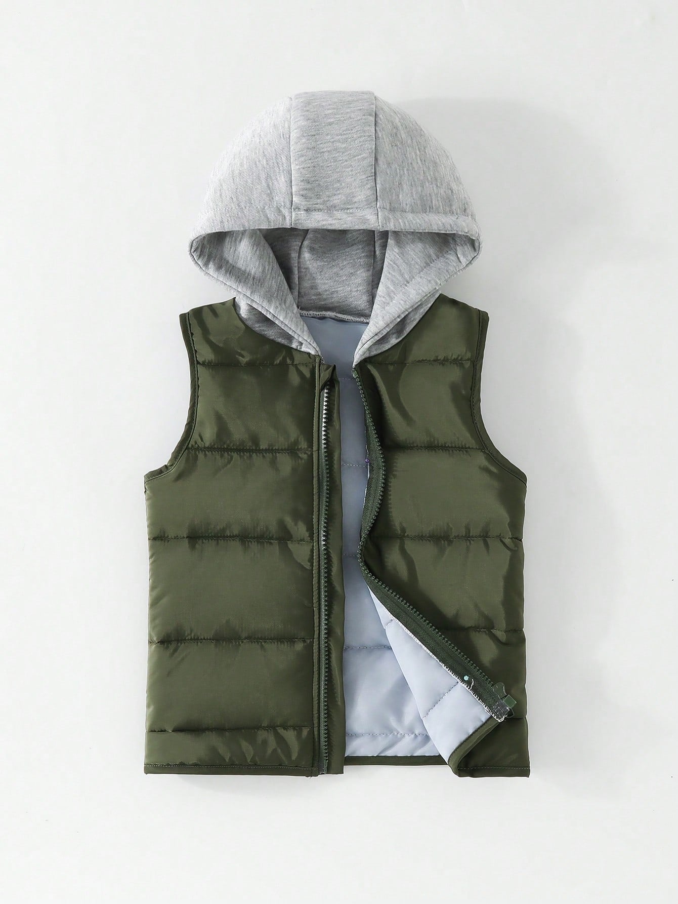 Young Boy 1pc Zipper Front Hooded Vest Puffer Coat