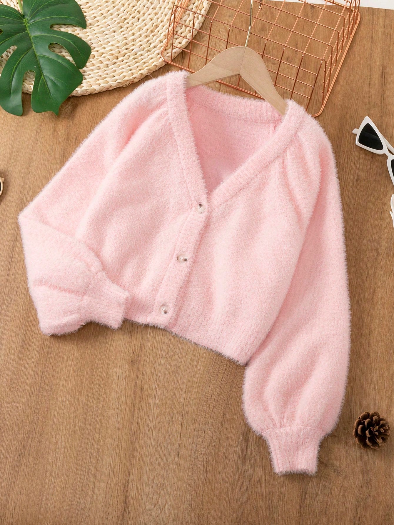 Tween Girl Raglan Sleeve Fluffy Knit Cardigan