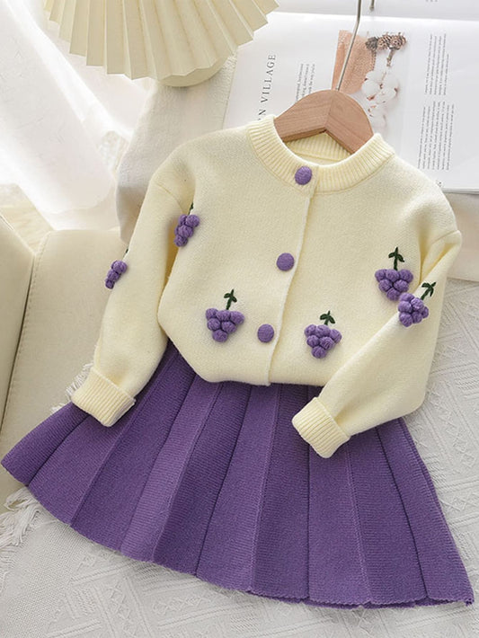 2pcs/set Young Girls' Cute Long Sleeve Fruit Pom Pom Decorated Sweater And Pleated Skirt, Autumn And Winter