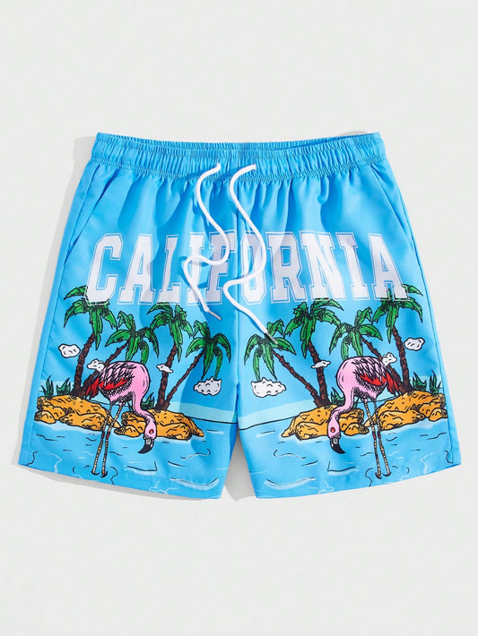 Street Life Men Letter & Palm Tree Print Drawstring Waist Shorts