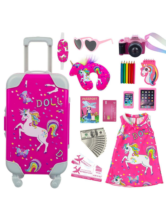 18 Inch Doll Clothes and Accessories Travel Luggage Play Set for 18 Inch Girl Doll, Including 18 Inch Doll Clothes Travel Suitcase Travel Pillow and Eye Mask