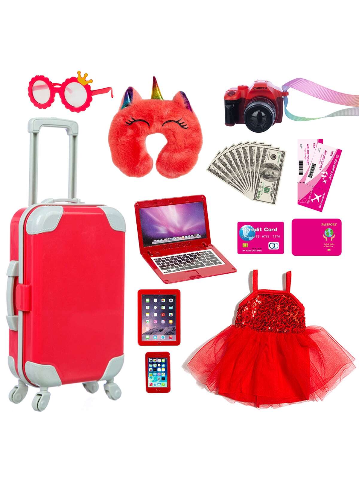 18 inch Doll Clothes and Accessories - Suitcase Travel Luggage Play Set, Including Doll Clothes, Sunglasses, Camera, Computer, Mobile Phone, Unicorn Pillow Fit 18 inch Girl Doll