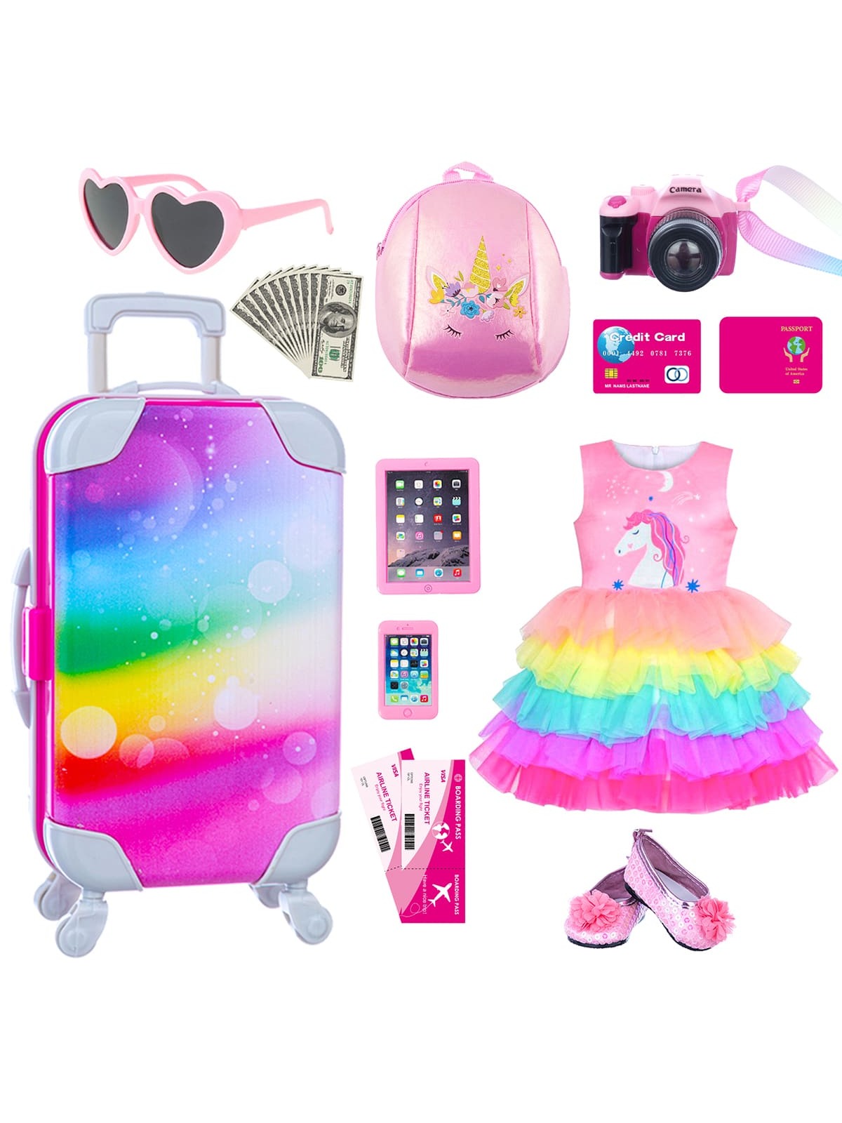 Doll Clothes and Accessories Travel Suitcase Playset for 18 Inch Girl Doll with Dolls Clothes, Backpack, Camera, Ipad, Phone, Sunglasses, Shoes